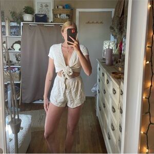 Princess Polly Ragnar tie front beige linen romper